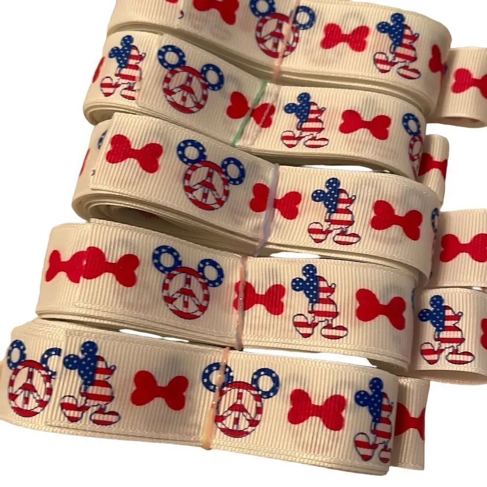 Grosgrain printed Ribbon 7/8” NEW 5 yards Mickey Mouse patriotic USA peace sign